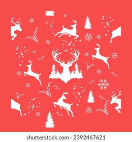 nahtlose Weihnachtsmuster Hirsche, Schnee, Kiefern und Winterblätter
