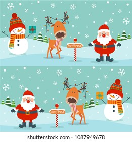 Seamless Christmas pattern with deer, snowflakes, Santa and North Pole 