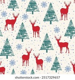 Seamless Christmas pattern with deer and snowflakes. Vector illustration.