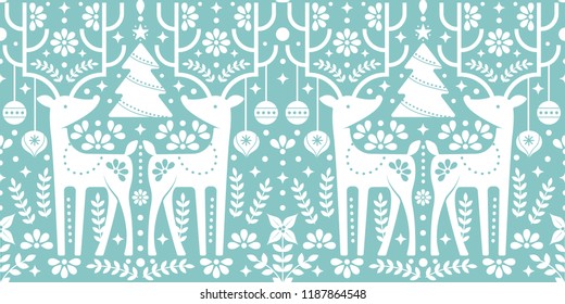 Seamless Christmas pattern with deer, christmas tree and foliage. Bohemian or mexican design style. Perfect for holiday wrapping paper, post card. etc