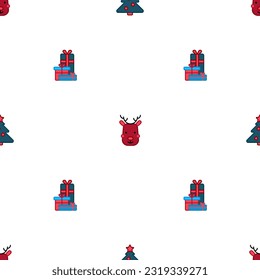 Seamless Christmas pattern. Deer, Christmas tree, gifts. New Year's theme. Flat style. Vector illustration. Geometric grid, small elements. Modern design for wrapping paper, fabric, backgrounds