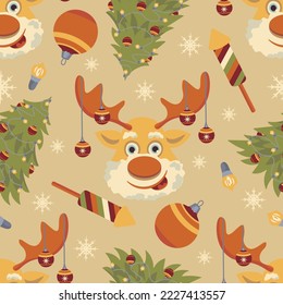 Seamless Christmas pattern deer and Christmas trees
