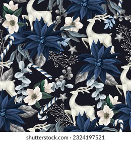 Seamless Christmas pattern with deers and blue poinsettia. Vector