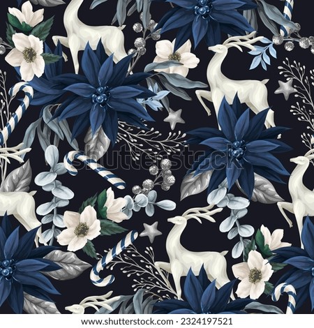 Seamless Christmas pattern with deers and blue poinsettia. Vector