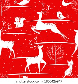 Seamless Christmas pattern - deers, foxes, birds, squirrel with  snowflakes. Red Happy New Year background. Vector design for fabric and kitchen textil.