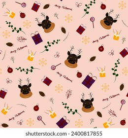 Seamless Christmas pattern with deers, gifts, candles, candies, snowflakes, toys. Vector illustration of Merry Christmas.