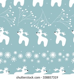 Seamless Christmas pattern with deers, snowflakes, stars and twigs