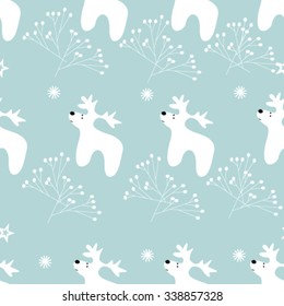 Seamless Christmas pattern with deers, snowflakes, stars and twigs