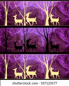 Seamless Christmas pattern with deers. Spring background and abstraction. Forest background. Winter deer, leaf fall, falling petals. Reindeer. Spring. Magic wonderful wood. Set of seamless patterns.