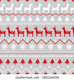 Seamless Christmas pattern with deers, Christmas tree and snowflakes. 