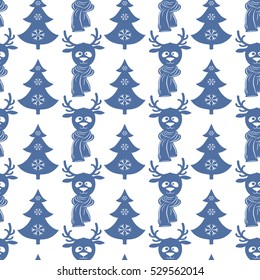 Seamless Christmas pattern with deers and trees. Flat elements in denim colors on a white background. Vector illustration. It can be used for design of packing, scrapbook, web, wallpaper, textile.