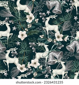 Seamless Christmas pattern with deers and white flowers. Vector