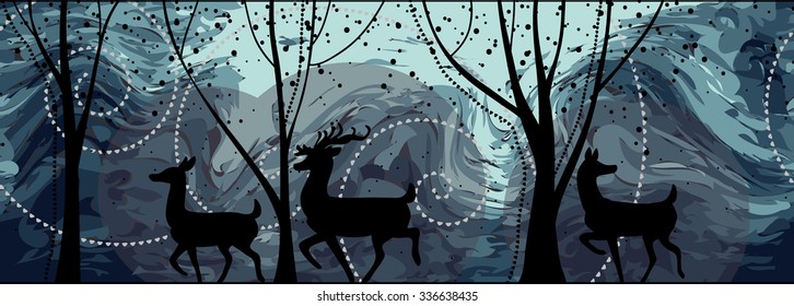 Seamless Christmas pattern with deers, winter background and abstraction. Winter forest background. Winter deer in snow. Reindeer.
