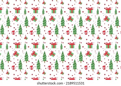 Seamless Christmas pattern design for book covers and wrapping papers. Christmas minimal pattern decoration on a white background. Christmas decoration pattern vector with pine trees and gifts.