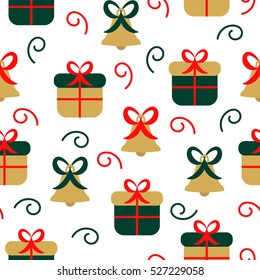 Seamless Christmas pattern for design. Endless holiday background with bell and gift box. Background for wrapping paper, textile and greeting card. New Year simple flat texture 