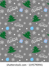 seamless christmas pattern design. Hand lettering quote, christmas tree, snow flakes, presents, stars on a grey background are perfect for decoration ideas, wrapping paper design, etc. Vector EPS 10