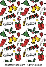 Seamless Christmas pattern design. Lettering quote, socks, bells, candles, scarf,christmas tree, candies, presents and other doodle elements are perfect for festive backgrounds design. Vector EPS 10.