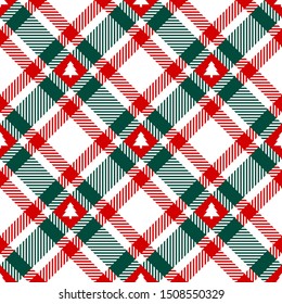 Seamless Christmas Pattern With Diagonal Check And Trees Red Green White