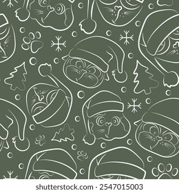 seamless christmas pattern with different cats in santa claus hats drawn in line art style on green background