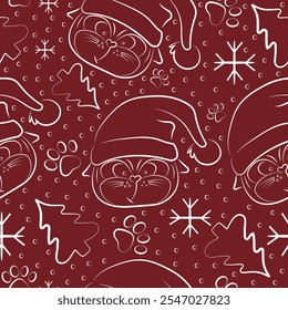 Patrón de Navidad sin fisuras con diferentes gatos en sombreros de Santa Claus dibujados en estilo de arte de línea sobre fondo rojo