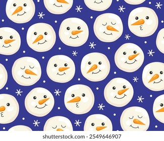 Seamless Christmas pattern with different cute snowmen faces on blue background. Cartoon characters. New Year's pattern for wrapping paper, textile, print.