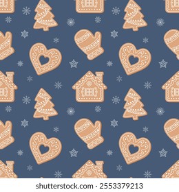Seamless Christmas pattern with different cute gingerbread cookies. Christmas and New Year background. Holiday design