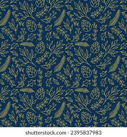 Seamless Christmas Pattern With Different flowers, leaves and pine in Golden Line art. Botanical Christmas 
Background Vector