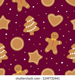 Seamless christmas pattern with different gingerbread cookies on maroon background. Vector illustration 