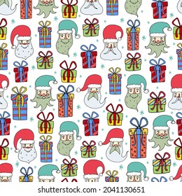 Seamless Christmas pattern: different Santa Clauses and gift boxes with surprises. 
Vector image in the doodle style.