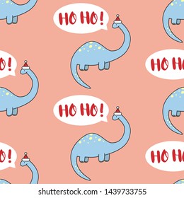 Seamless Christmas pattern with dinosaur and text. Hohoho background