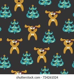 Seamless Christmas pattern with a dog and a tree. Vector illustration