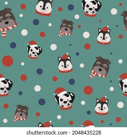 Seamless Christmas pattern with dogs in red hats and scarves on a turquoise background
