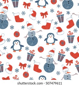 Seamless Christmas pattern with doodle decorative elements and cute characters. Vector holiday background. 