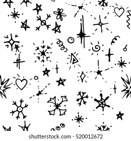 Nahtloses Weihnachtsmuster mit dummen festlichen Schneeflocken. Contour, schwarz-weiß. Endlose Textur.