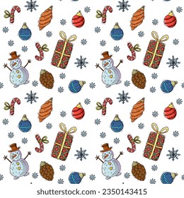 Seamless Christmas pattern. Doodle, new year, snowman, line drawing, winter, fabric, pattern, snowman, gift, holiday.