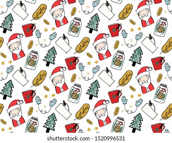 Seamless Christmas pattern with doodle objects -  Santa Claus, mittens, cups, Christmas tree, leaves,stars. Vector illustration, can be used for design of wrapping paper, greeting cards, textile etc.
