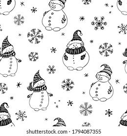 Patrón navideño sin inconvenientes con hombres de nieve garabatos y copos. Ilustración vectorial en blanco y negro.