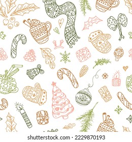 Seamless christmas pattern in doodle style. Repeat ornament background with winter items. Hand drawn decor