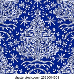 Seamless Christmas pattern in doodle style. Monochrome  background with Christmas fir-trees. Vector illustration.