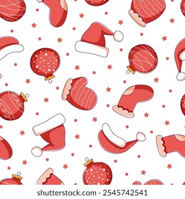 Seamless Christmas pattern with doodle Christmas tree trinkets, decorations. Concept of congratulations, gift wrapping, web banner