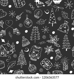 Seamless Christmas pattern, doodle vector gray background. Perfectly for paper, wrapper pattern, fabric, wallpaper, greeting cards, frame or border. Hand drawn white line art.