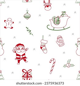 Seamless Christmas Pattern Doodles with Cute Hand-drawn Items. Holliday Xmas and Happy New Year Elements. Decorative Background for Fabric, Wrapping Paper, Card, Invitation, Wallpaper, Web Design.