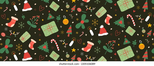 Seamless Christmas pattern with doodles. Hand drawn Christmas doodle elements. Great for Christmas textiles, banners, wrapping paper and wallpapers.Vector illustration