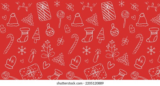 Seamless Christmas pattern with doodles. Hand drawn Christmas doodle elements. Great for Christmas textiles, banners, wrapping paper and wallpapers.Vector illustration