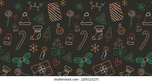 Patrón de Navidad sin fisuras con garabatos. Hand dibujó elementos de doodle de Navidad. Ideal para textiles de Navidad, carteles, papel de envoltura y papel pintado.Ilustración vectorial