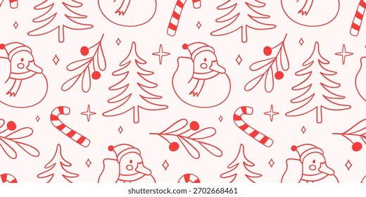 Seamless Christmas pattern with ducks, candy canes and trees