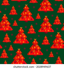 Seamless Christmas pattern. Elegant Christmas trees, green background. Christmas design elements, vector. High-quality flat design. New Year, holiday.