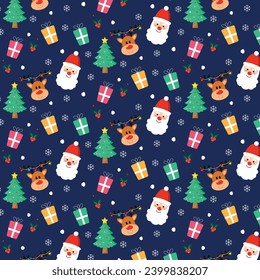 Seamless Christmas pattern with elements, Santa, reindeer, gifts, a Christmas tree, and snow. vector illustration
