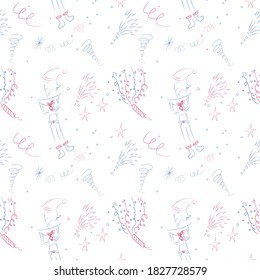 Seamless Christmas pattern with an elf. For the design of fabric, wrapping paper. drawing on a white background. Elf, boots, confit, firecracker, snow, fireworks. red, blue color. festive mood. vector