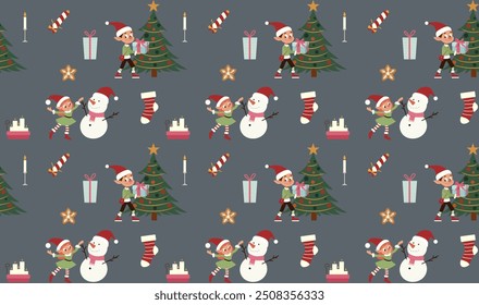 Seamless Christmas Pattern with Elve, Snowman, tree and gift